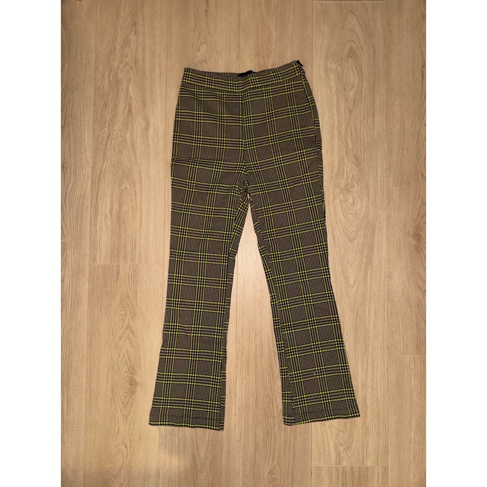 Urban Outfitters Neon Yellow Plaid Flare Pants High Rise Side Zip US 4 UK 8